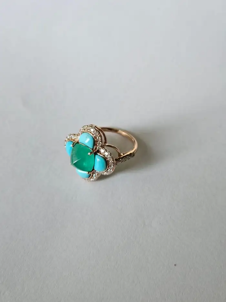 18k Rose Gold Diamond Handmade Ring With Natural Zambian Emerald & Turquoise