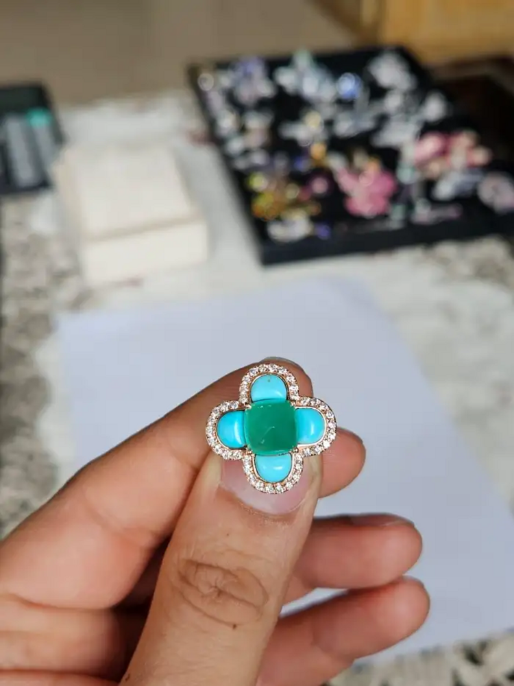 18k Rose Gold Diamond Handmade Ring With Natural Zambian Emerald & Turquoise