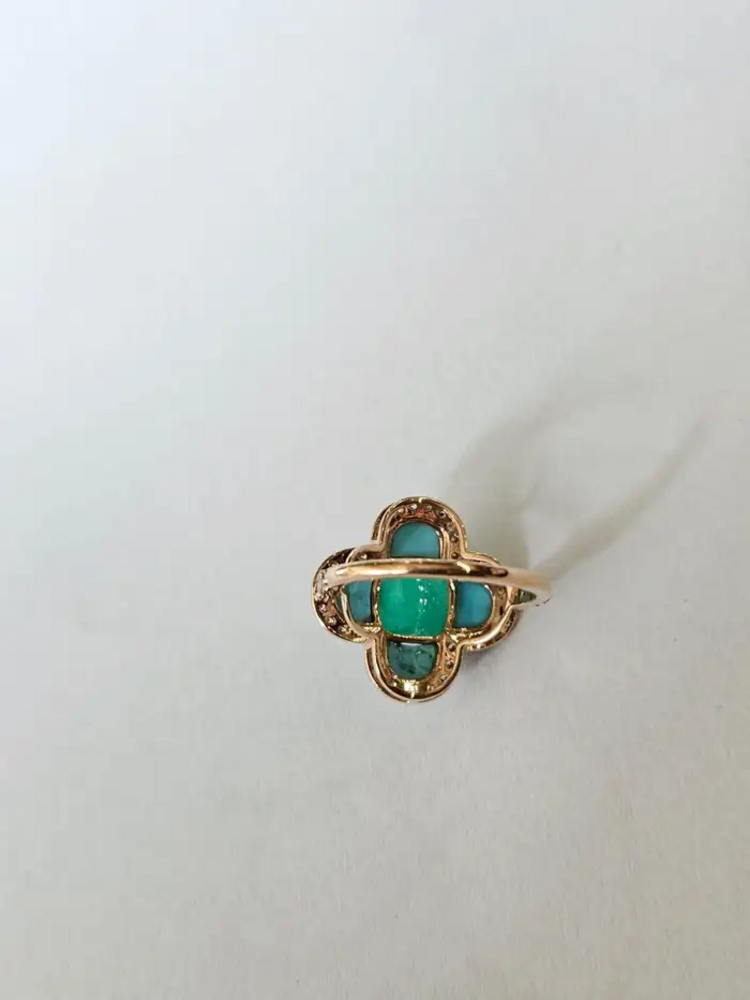 18k Rose Gold Diamond Handmade Ring With Natural Zambian Emerald & Turquoise