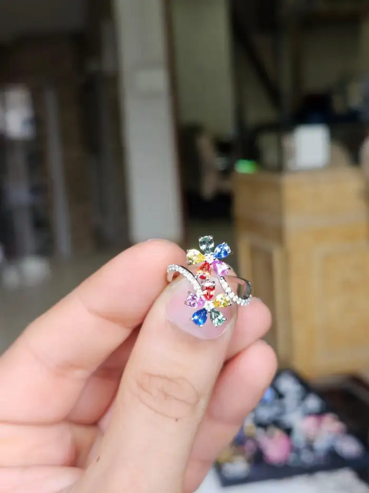 Natural Multi Sapphire Engagement Ring - 18k White Gold Diamond Ring