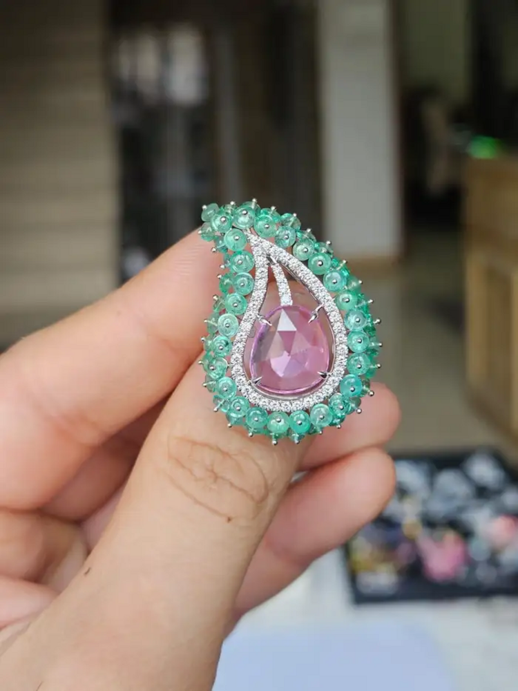 Natural Emerald & Pink Sapphire Statement Ring - 18k White Gold Diamond Handmade Ring