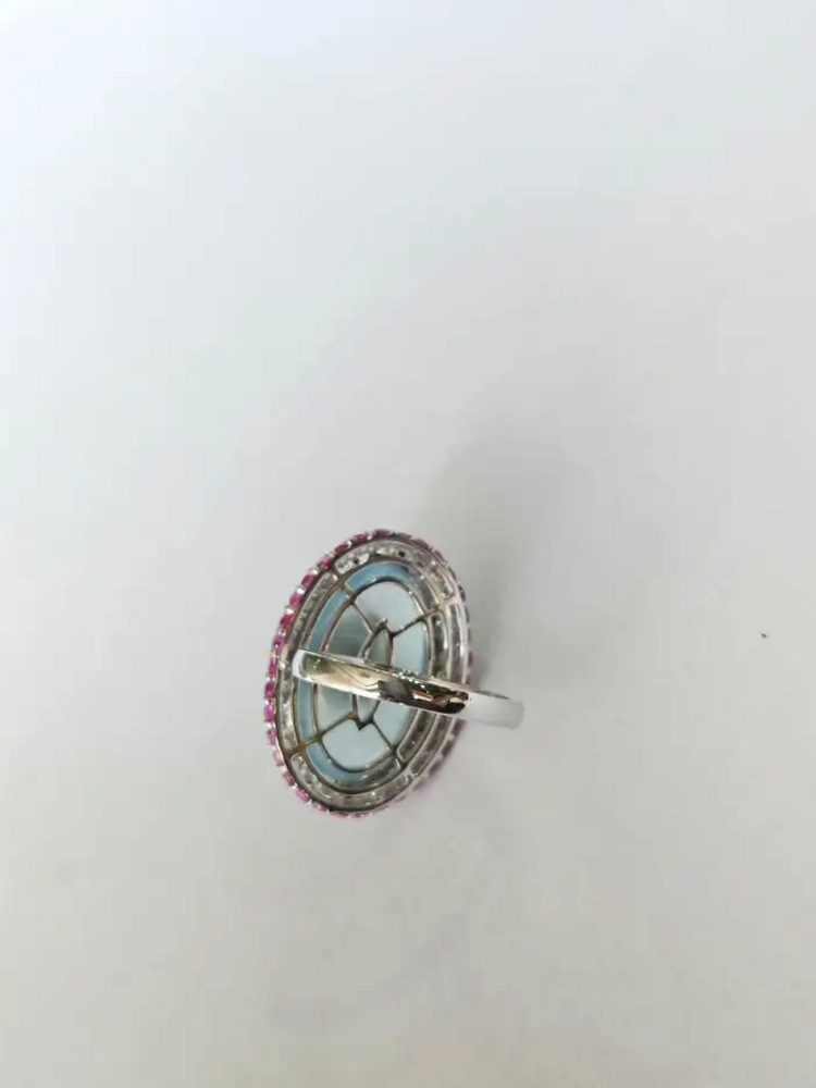 Natural Aquamarine & Pink Sapphire Cocktail Ring - 18k White Gold Diamond Handmade Ring