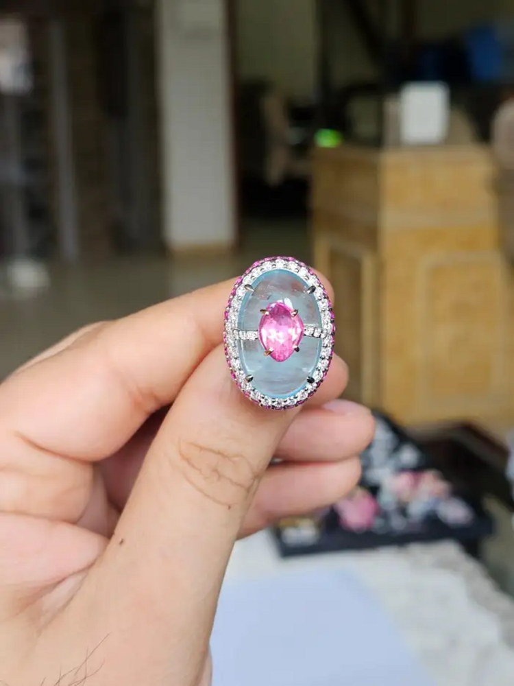 Natural Aquamarine & Pink Sapphire Cocktail Ring - 18k White Gold Diamond Handmade Ring