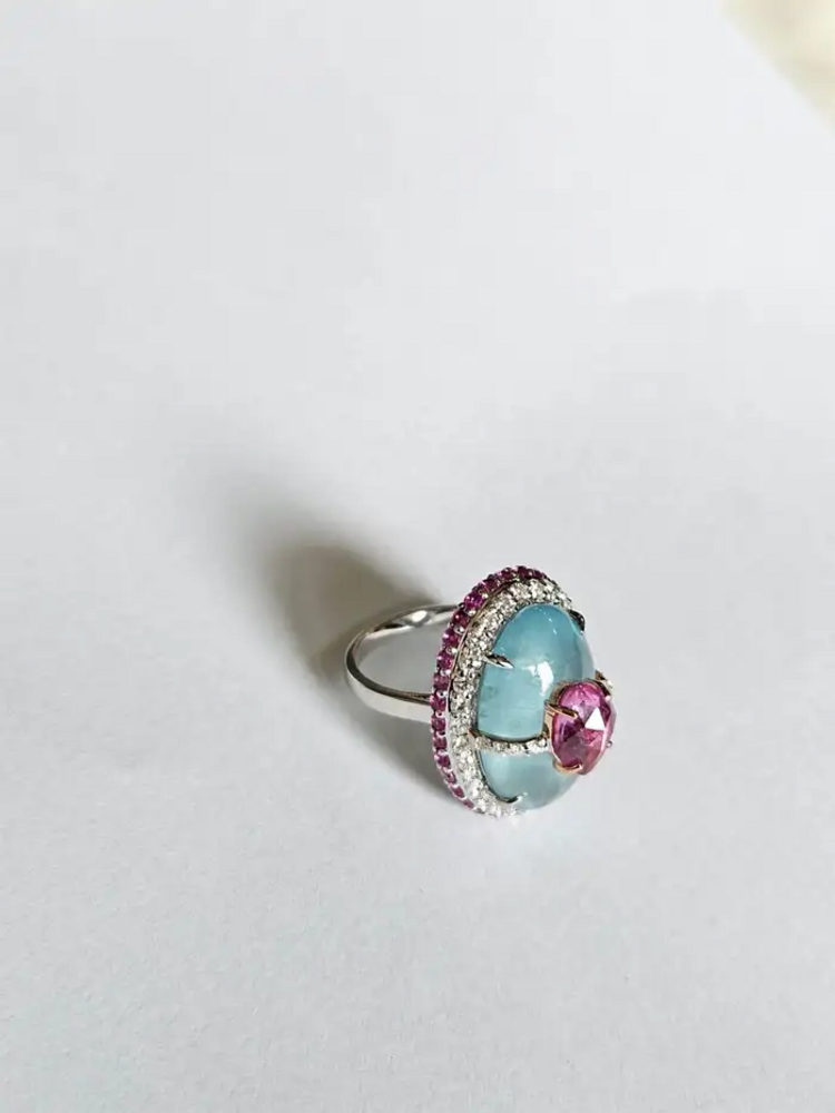 Natural Aquamarine & Pink Sapphire Cocktail Ring - 18k White Gold Diamond Handmade Ring