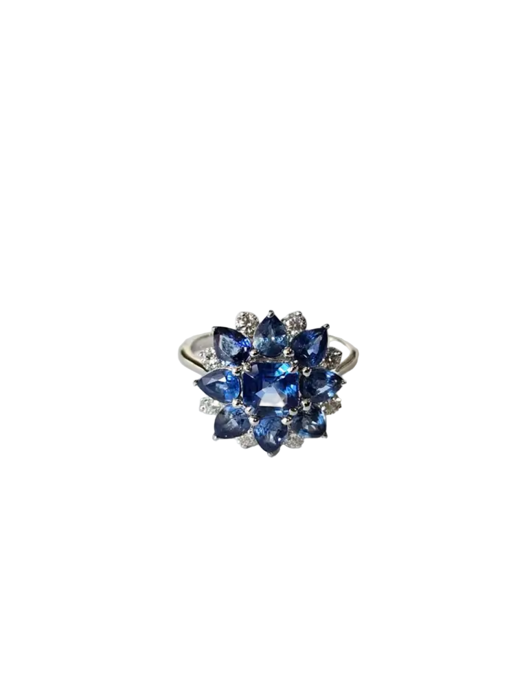 Natural Blue Sapphire Diamond Cocktail Ring - 18k White Gold Handmade Ring