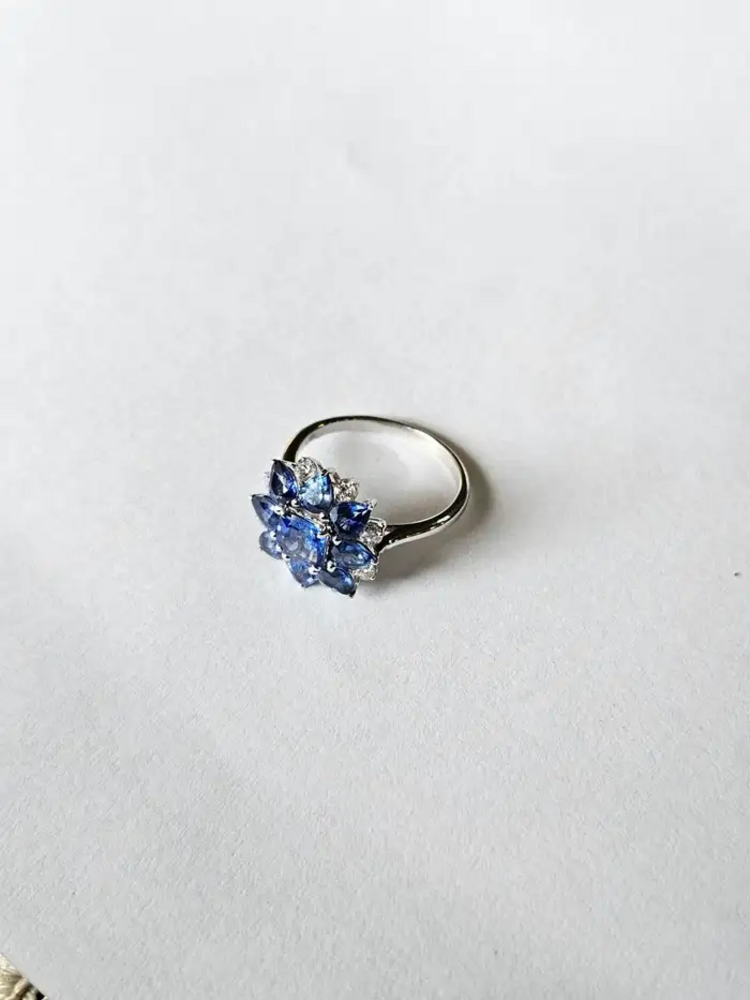 Natural Blue Sapphire Diamond Cocktail Ring - 18k White Gold Handmade Ring