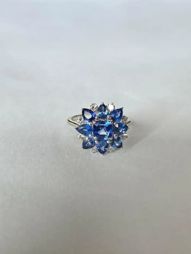 Natural Blue Sapphire Diamond Cocktail Ring - 18k White Gold Handmade Ring