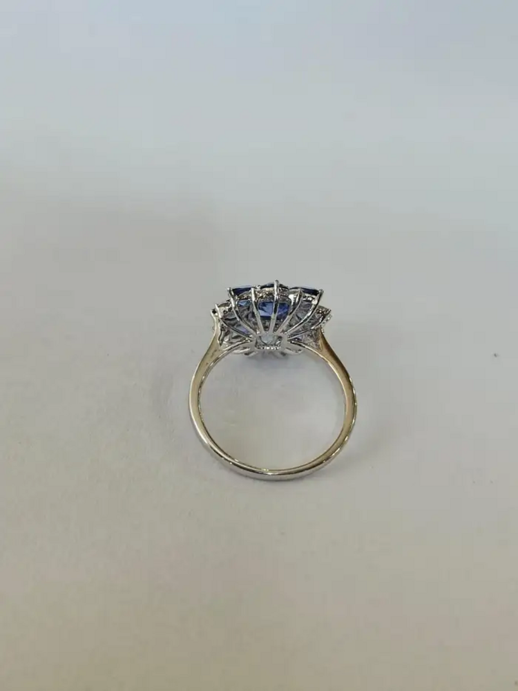 Natural Blue Sapphire Diamond Cocktail Ring - 18k White Gold Handmade Ring
