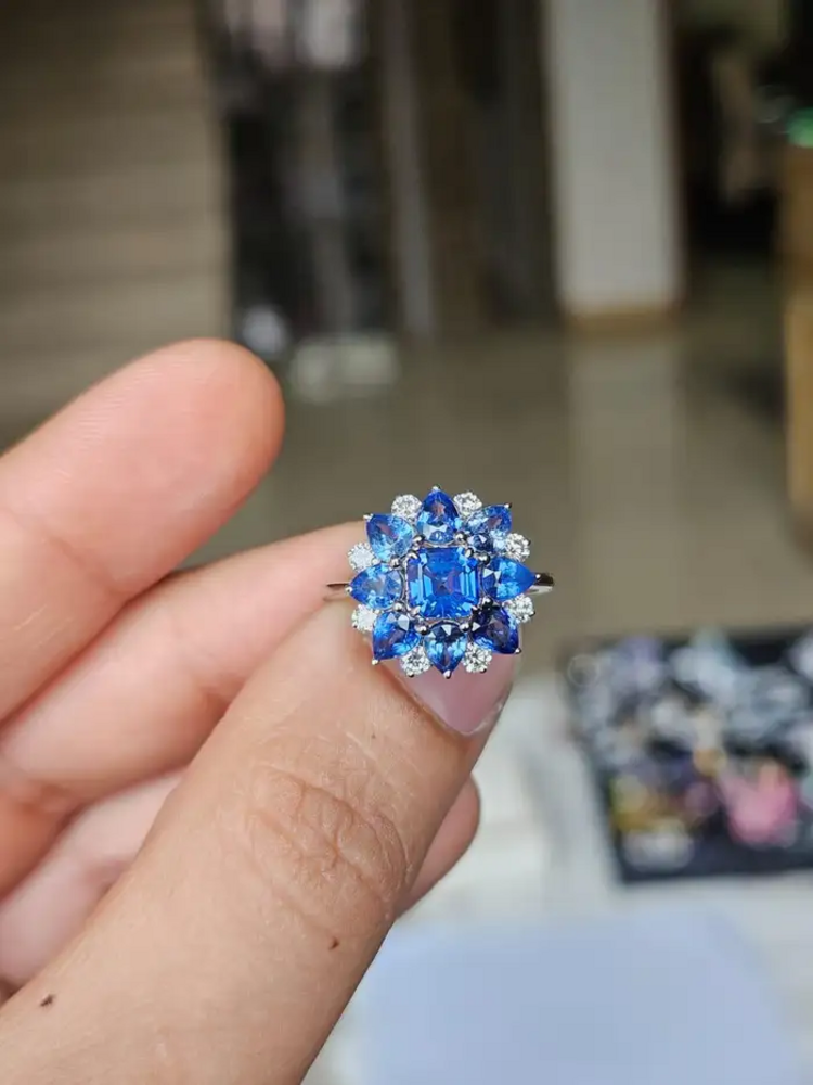 Natural Blue Sapphire Diamond Cocktail Ring - 18k White Gold Handmade Ring