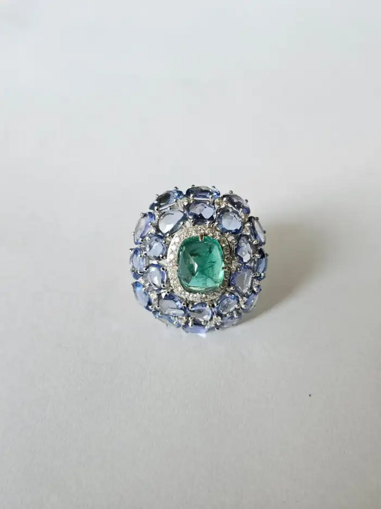 18k White Gold Diamond Statement Ring - Natural Zambian Emerald & Blue Sapphire Cocktail Ring