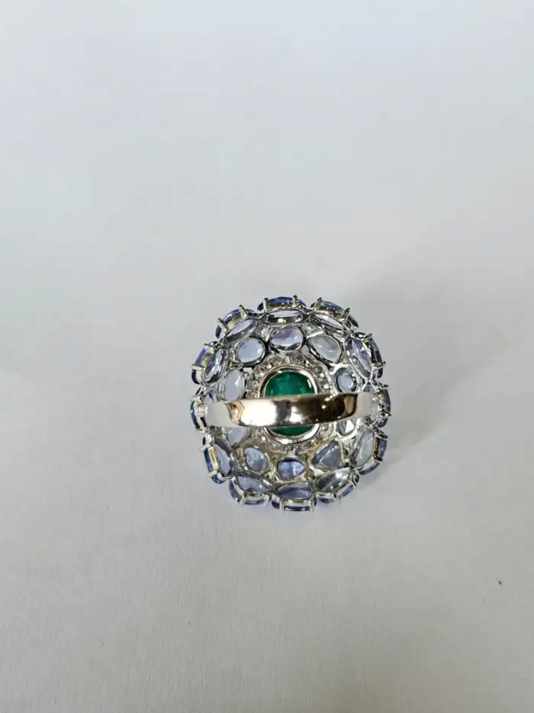 18k White Gold Diamond Statement Ring - Natural Zambian Emerald & Blue Sapphire Cocktail Ring