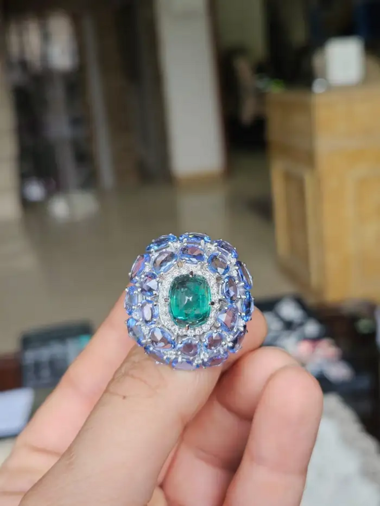 18k White Gold Diamond Statement Ring - Natural Zambian Emerald & Blue Sapphire Cocktail Ring