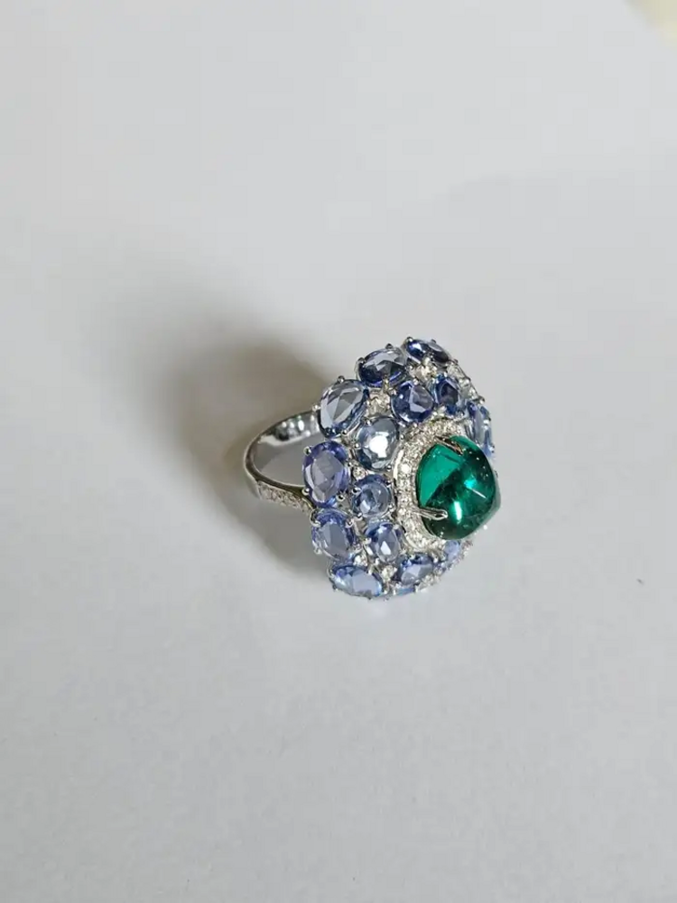 18k White Gold Diamond Statement Ring - Natural Zambian Emerald & Blue Sapphire Cocktail Ring