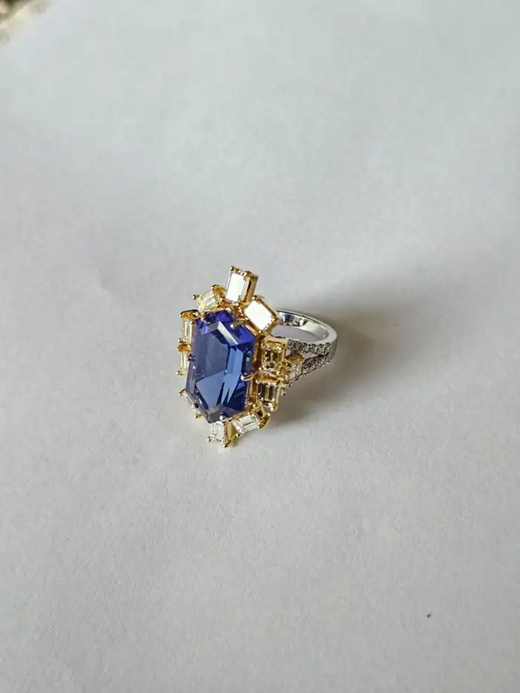 18k White Gold Yellow Diamond Engagement Ring - Natural Hexagon Cut Tanzanite Statement Ring