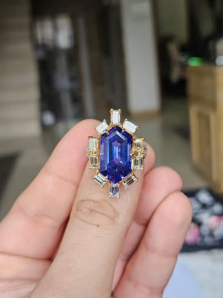 18k White Gold Yellow Diamond Engagement Ring - Natural Hexagon Cut Tanzanite Statement Ring