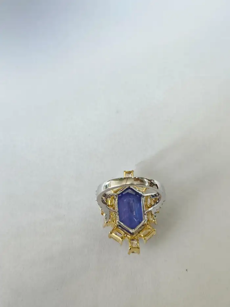 18k White Gold Yellow Diamond Engagement Ring - Natural Hexagon Cut Tanzanite Statement Ring