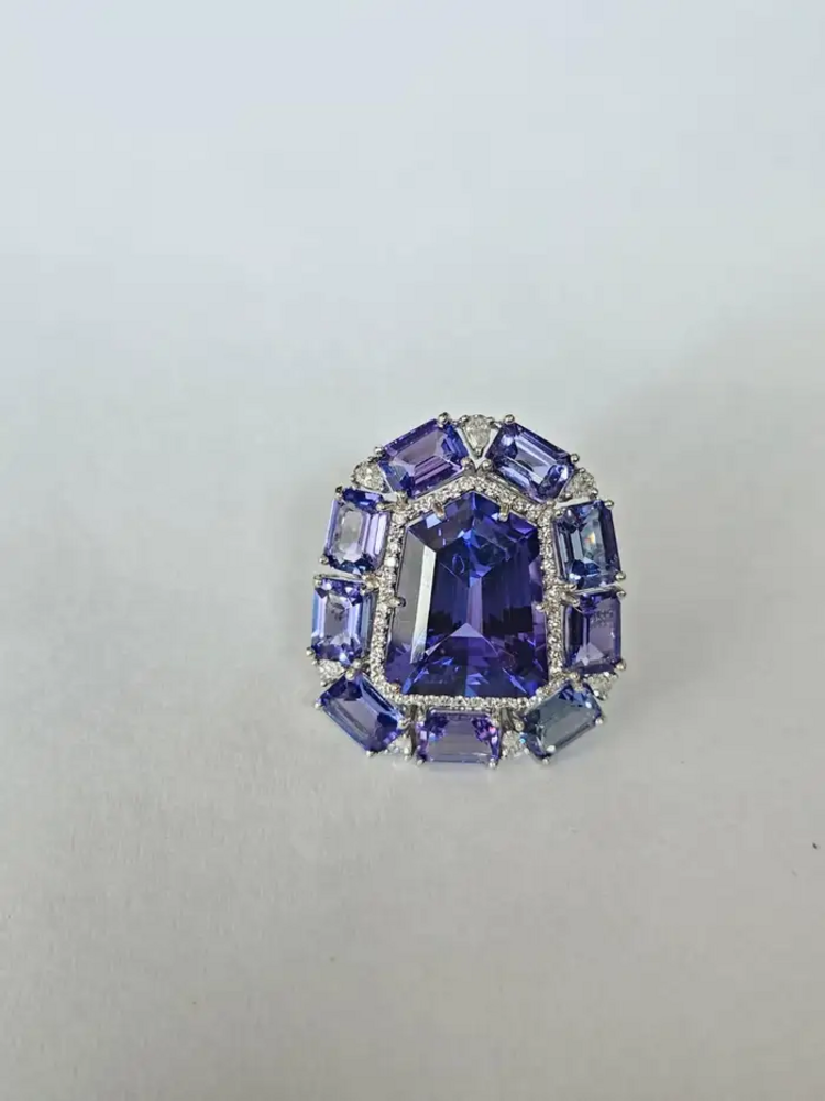 Natural Tanzanite & Rose Cut Diamond Cocktail Ring - 18k White Gold Diamond Wedding Ring