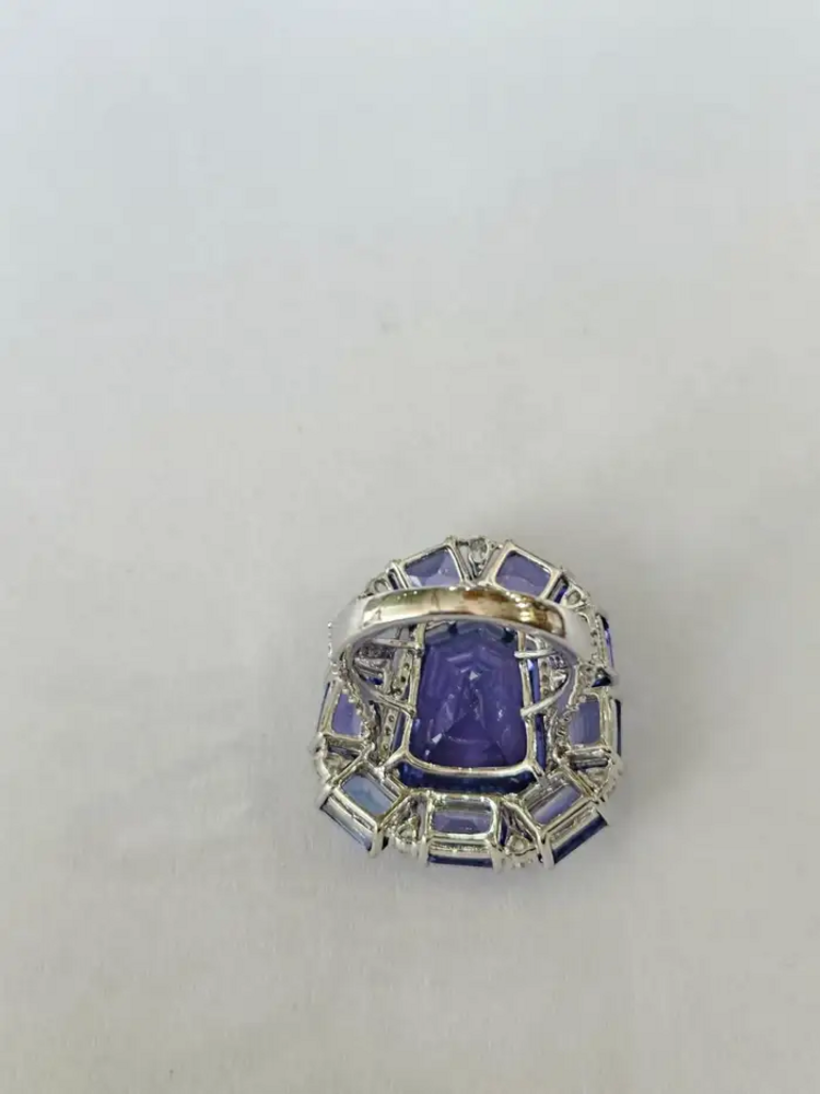 Natural Tanzanite & Rose Cut Diamond Cocktail Ring - 18k White Gold Diamond Wedding Ring