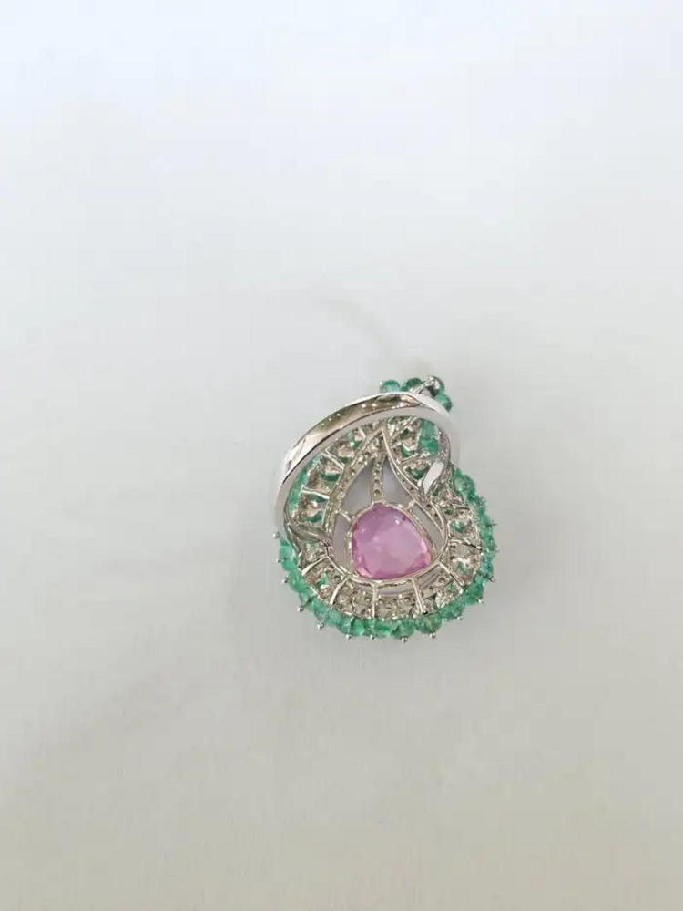 Natural Emerald & Pink Sapphire Statement Ring - 18k White Gold Diamond Handmade Ring