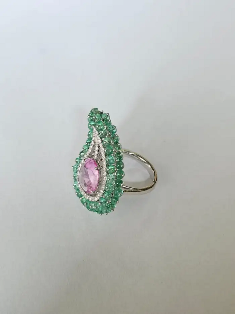 Natural Emerald & Pink Sapphire Statement Ring - 18k White Gold Diamond Handmade Ring