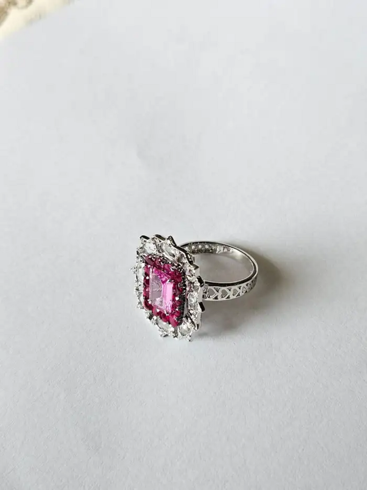 18k White Gold Rose Cut Diamond Cocktail Ring - Natural Ruby & Pink Sapphire Wedding Ring
