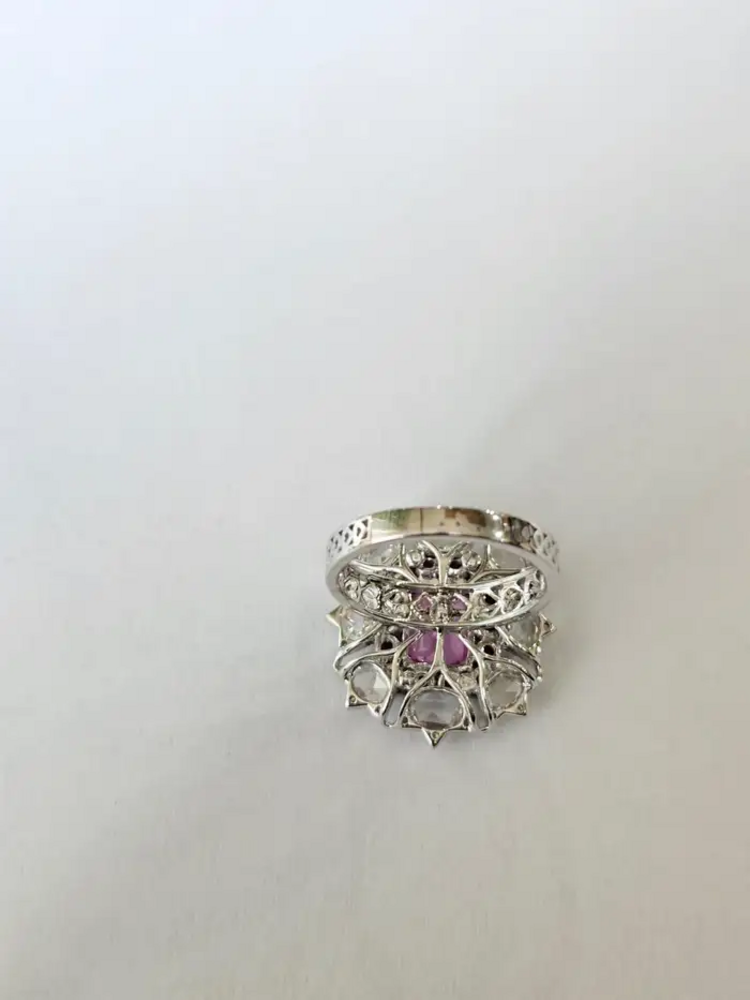 18k White Gold Rose Cut Diamond Cocktail Ring - Natural Ruby & Pink Sapphire Wedding Ring