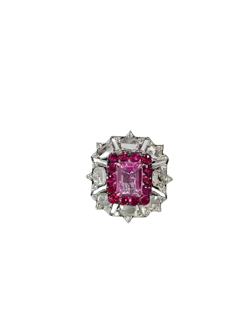 18k White Gold Rose Cut Diamond Cocktail Ring - Natural Ruby & Pink Sapphire Wedding Ring