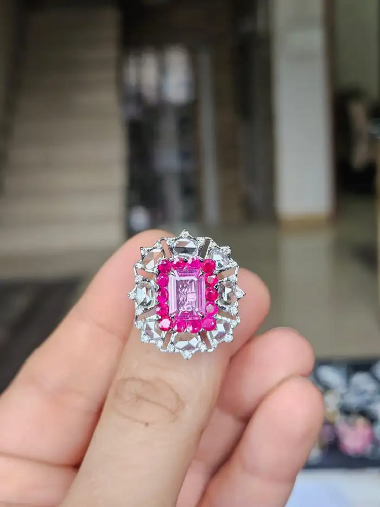 18k White Gold Rose Cut Diamond Cocktail Ring - Natural Ruby & Pink Sapphire Wedding Ring