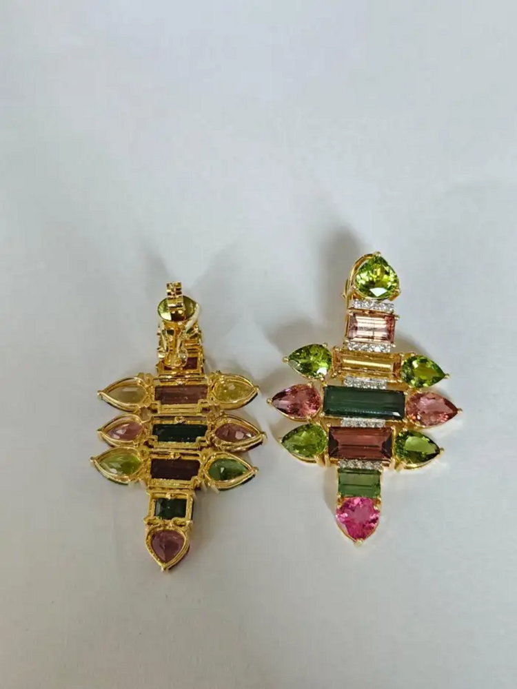 18k Yellow Gold Diamond Earrings - Natural Tourmaline Gemstone Chandelier Earrings