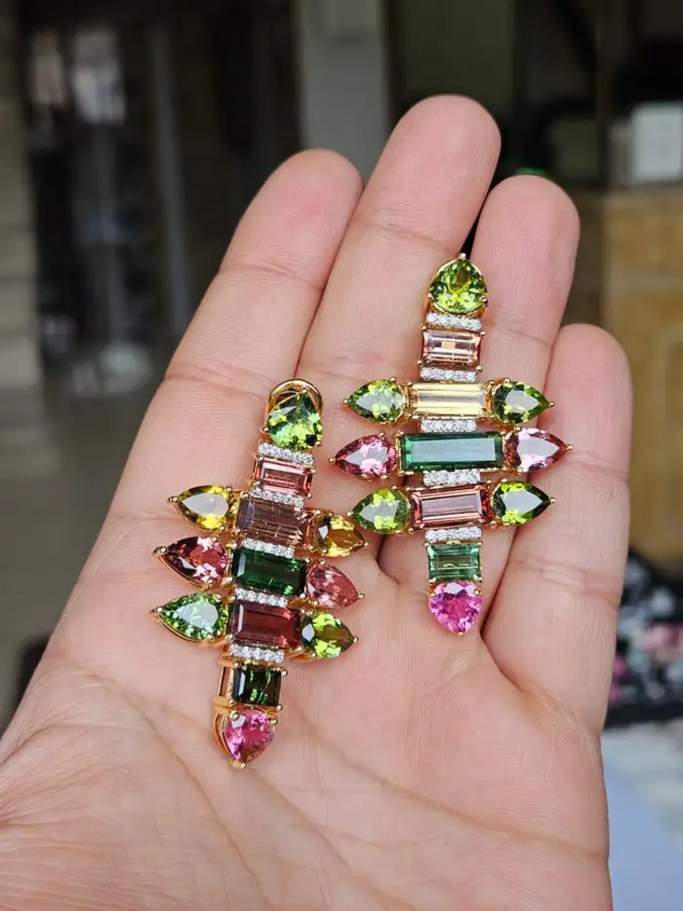 18k Yellow Gold Diamond Earrings - Natural Tourmaline Gemstone Chandelier Earrings