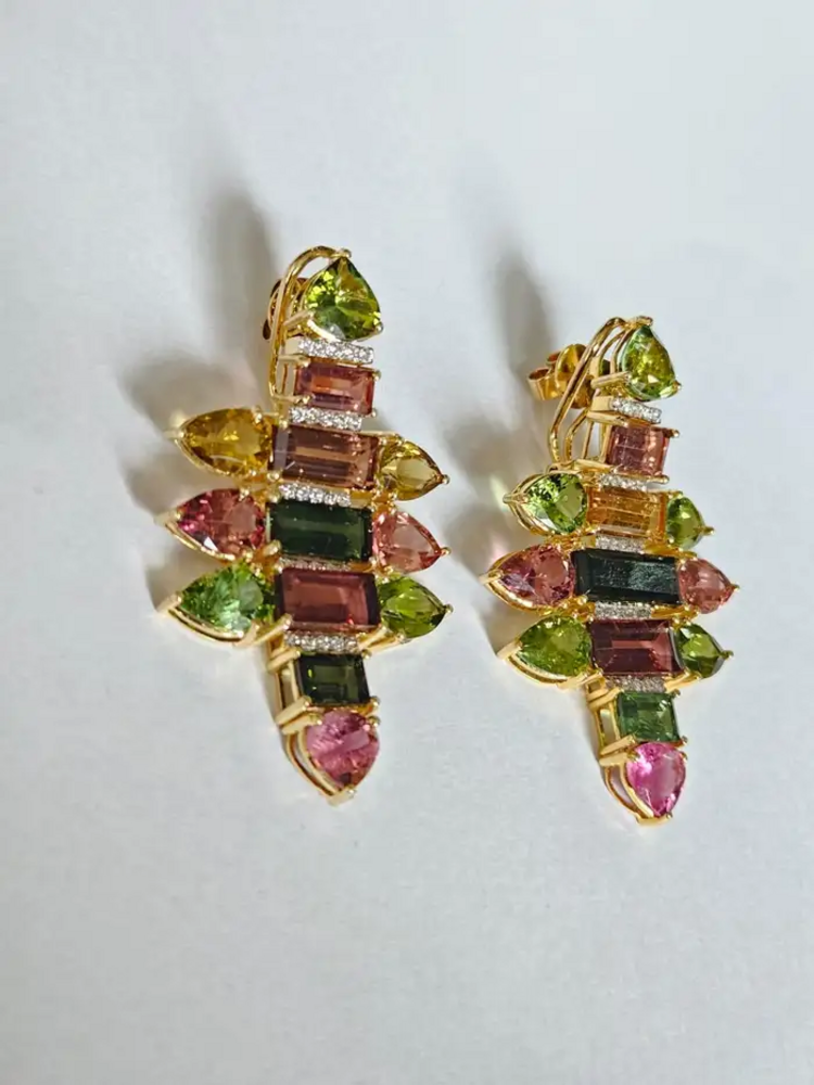 18k Yellow Gold Diamond Earrings - Natural Tourmaline Gemstone Chandelier Earrings