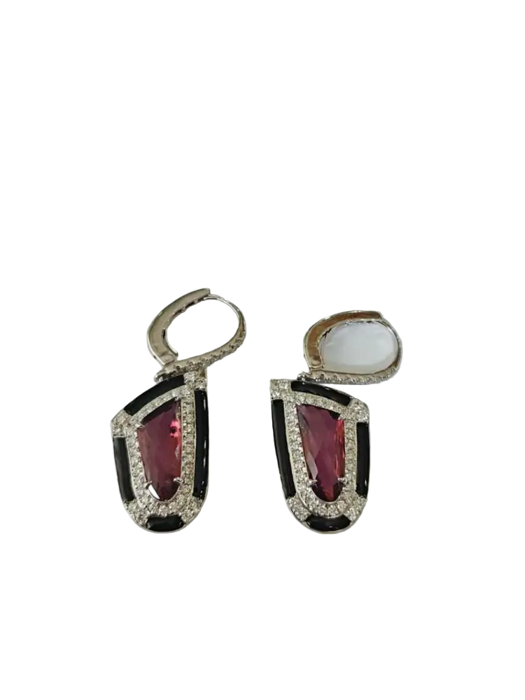 Natural Tourmaline & Black Enamel Earrings - 18k White Gold Diamond Dangle Earrings