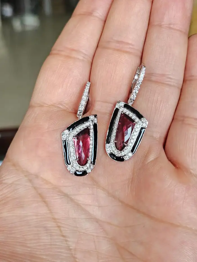 Natural Tourmaline & Black Enamel Earrings - 18k White Gold Diamond Dangle Earrings