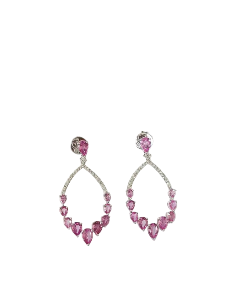 Natural Pink Sapphire Dangle Earrings - 18k White Gold Handmade Diamond Women Earrings