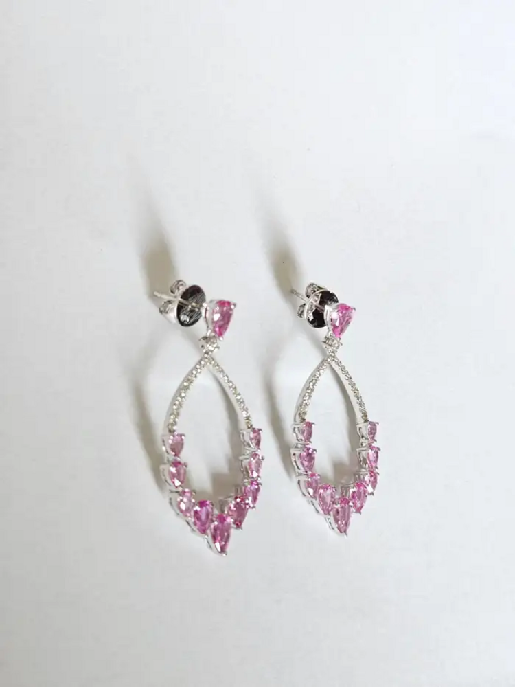 Natural Pink Sapphire Dangle Earrings - 18k White Gold Handmade Diamond Women Earrings