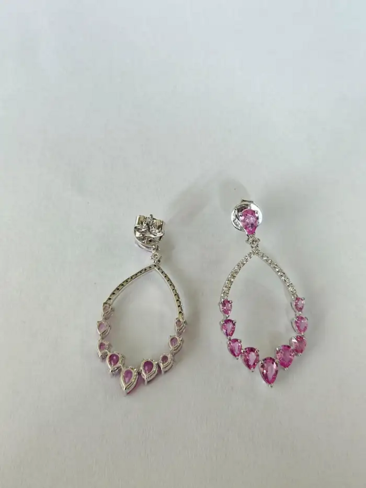 Natural Pink Sapphire Dangle Earrings - 18k White Gold Handmade Diamond Women Earrings