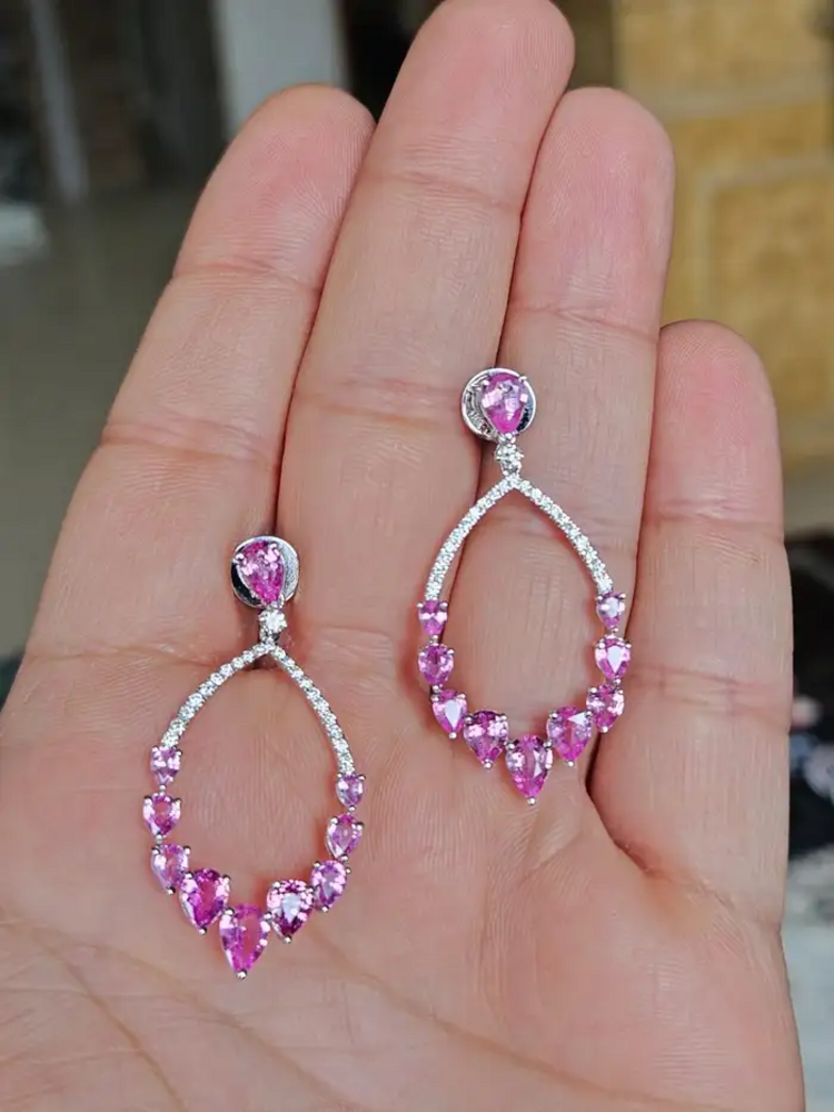 Natural Pink Sapphire Dangle Earrings - 18k White Gold Handmade Diamond Women Earrings