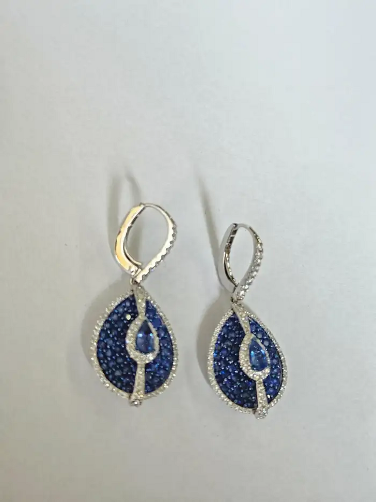 Natural Blue Sapphire & Diamond Earrings - 18k White Gold Handmade Dangle Earrings