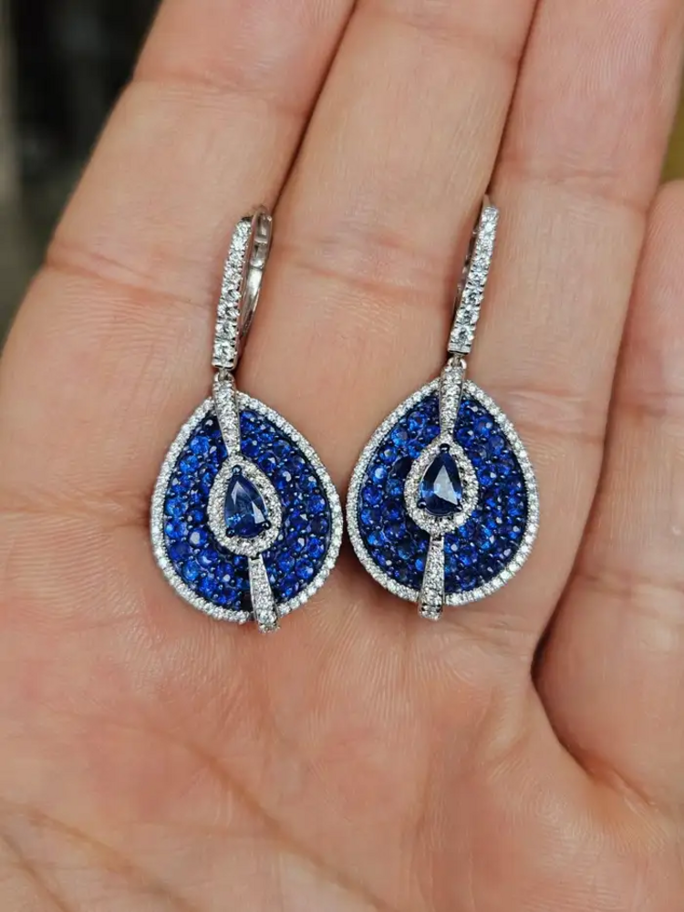 Natural Blue Sapphire & Diamond Earrings - 18k White Gold Handmade Dangle Earrings