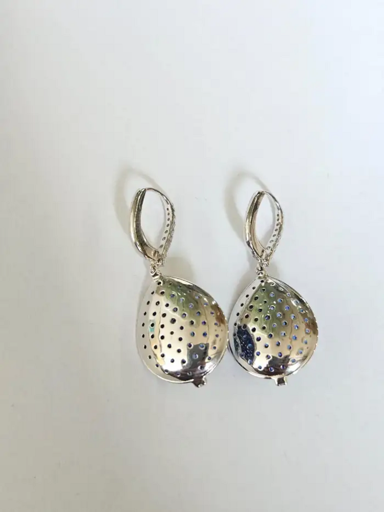 Natural Blue Sapphire & Diamond Earrings - 18k White Gold Handmade Dangle Earrings