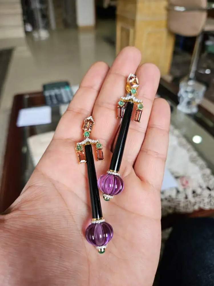Natural Amethyst , Tourmaline & Black Onyx Dangle Earrings - 18k Yellow Gold Diamond Earrings