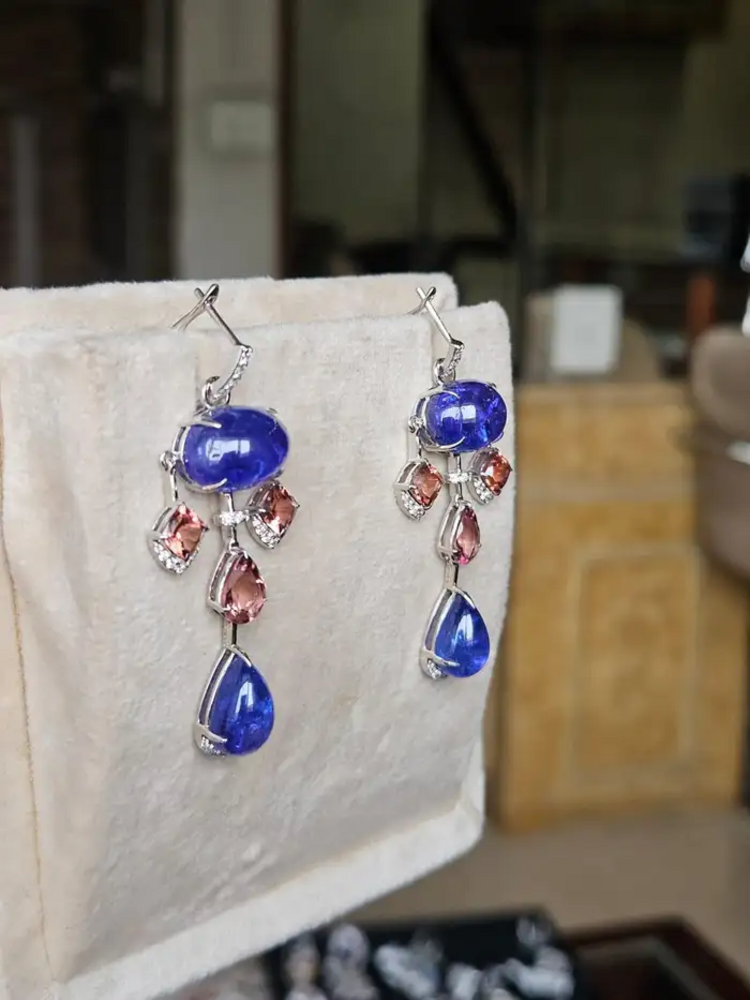 18k White Gold Diamond Earrings - Natural Tanzanite & Tourmaline Gemstone Dangle Earrings