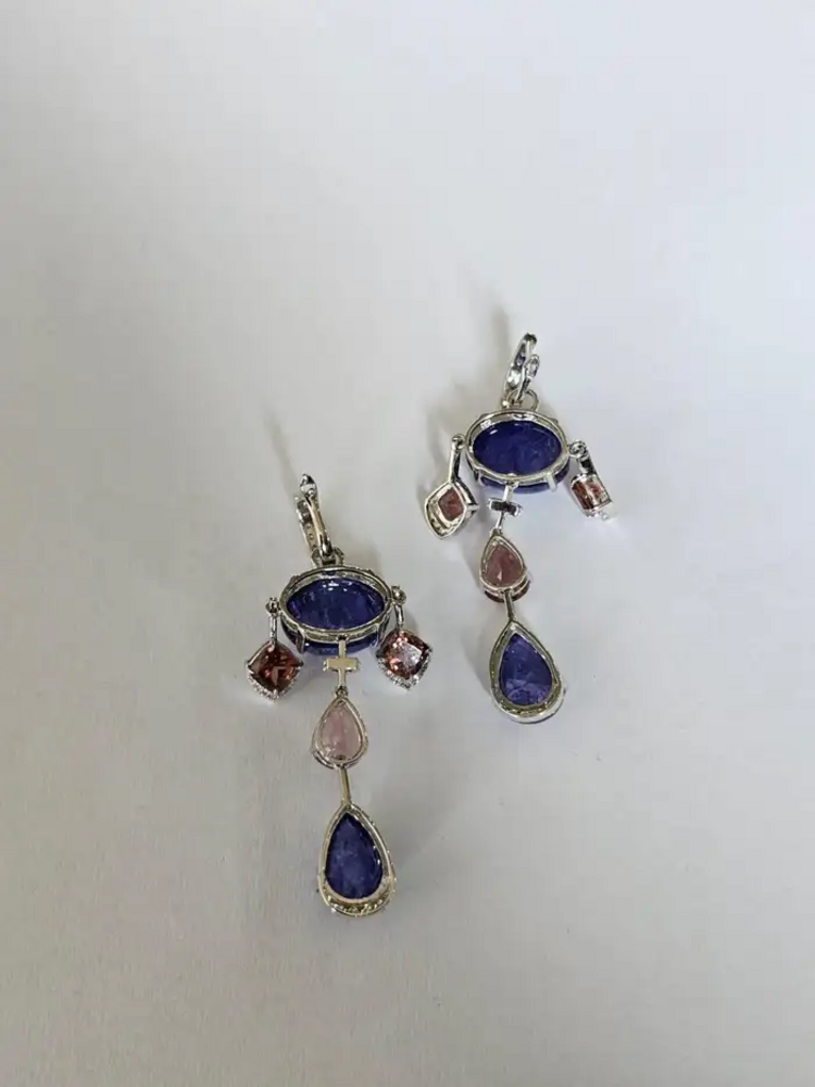 18k White Gold Diamond Earrings - Natural Tanzanite & Tourmaline Gemstone Dangle Earrings