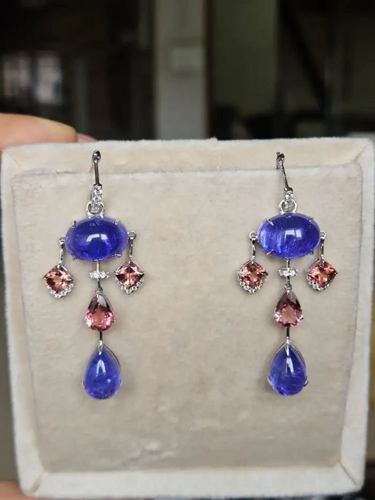18k White Gold Diamond Earrings - Natural Tanzanite & Tourmaline Gemstone Dangle Earrings