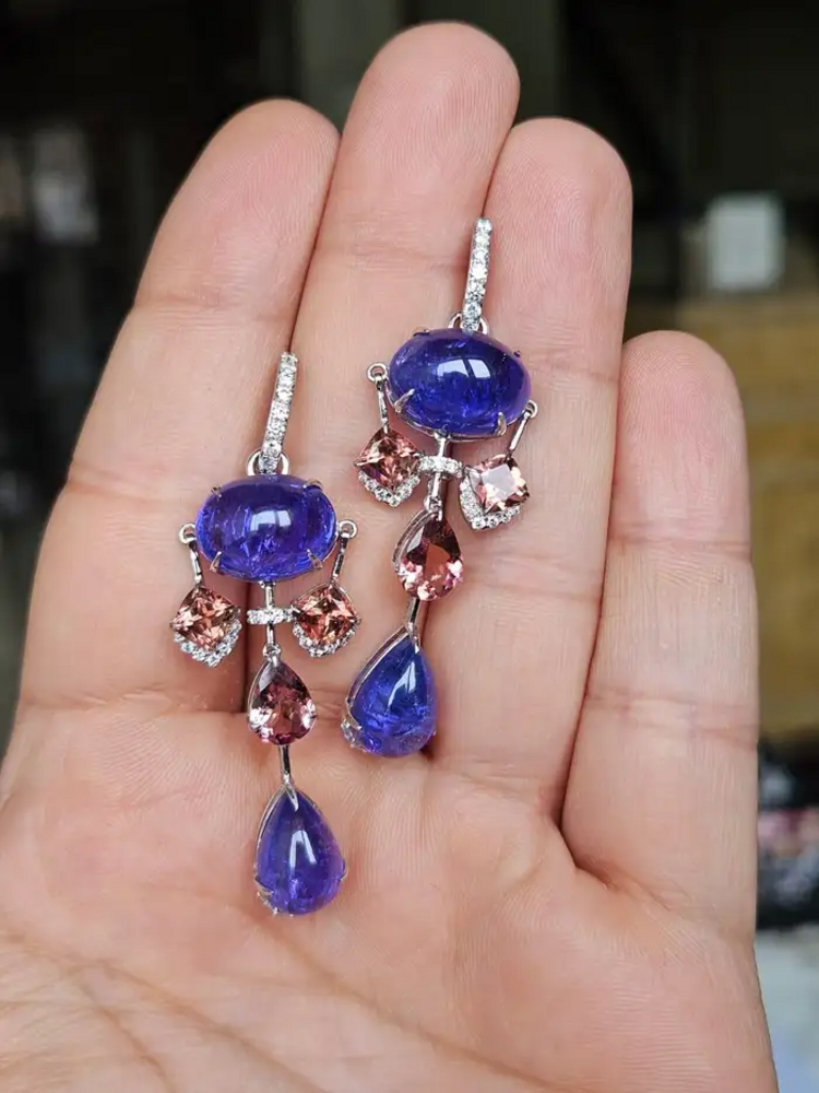 18k White Gold Diamond Earrings - Natural Tanzanite & Tourmaline Gemstone Dangle Earrings