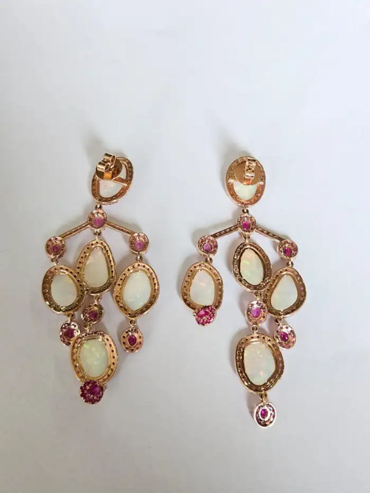 Ethiopian Opal & Mozambique Ruby Chandelier Earrings - 18k Gold Diamond Dangle Earrings