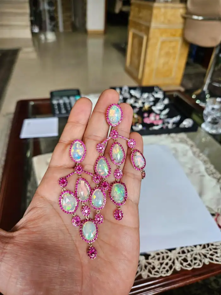 Ethiopian Opal & Mozambique Ruby Chandelier Earrings - 18k Gold Diamond Dangle Earrings