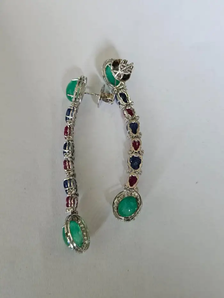 Natural Colombian Emerald & Carved Ruby Gemstone Dangle Earrings - 18k White Gold Diamond Earrings