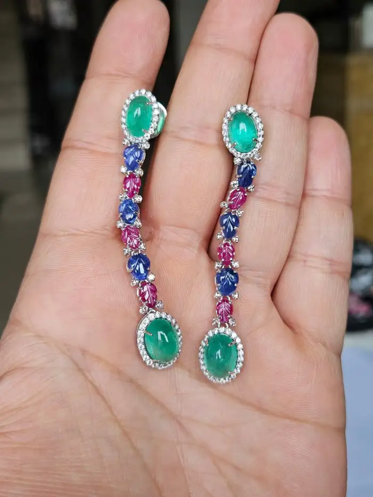Natural Colombian Emerald & Carved Ruby Gemstone Dangle Earrings - 18k White Gold Diamond Earrings