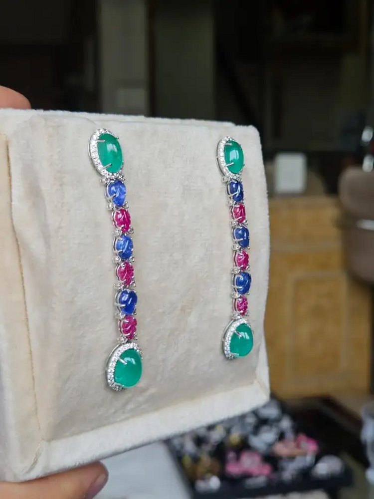 Natural Colombian Emerald & Carved Ruby Gemstone Dangle Earrings - 18k White Gold Diamond Earrings